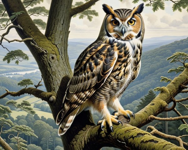Majestic Owl on Branch Overlooking Lush Landscape