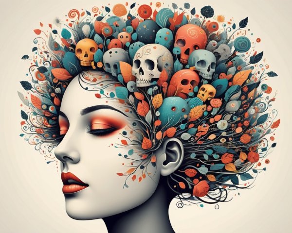 Colorful Hair and Nature Elements in Surreal Artwork