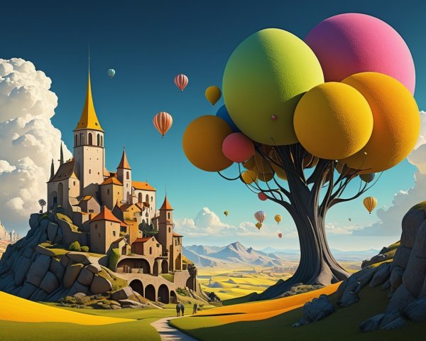 Whimsical Landscape with Fairytale Castle and Balloons