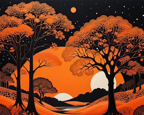 Vibrant Artwork of Trees and Starry Night Landscape