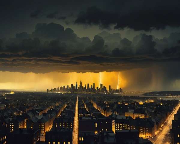 Dramatic City Skyline Under Dark Clouds and Lightning