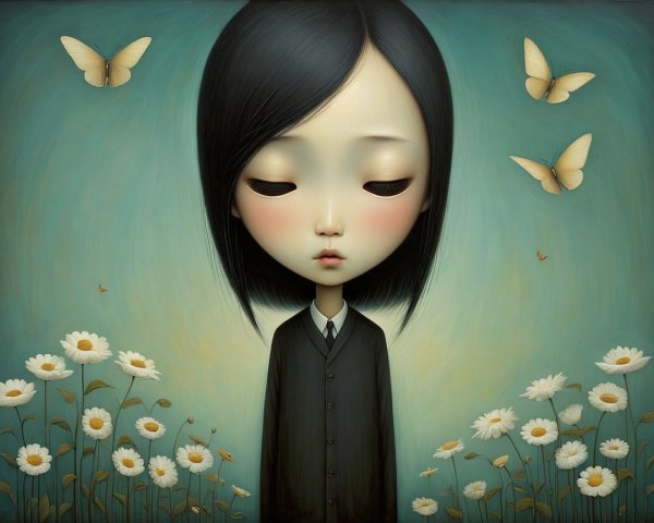 Dreamy Artwork of Girl in Daisies with Butterflies