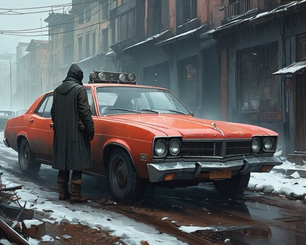 Lone Figure by Vintage Car on Snowy Urban Street