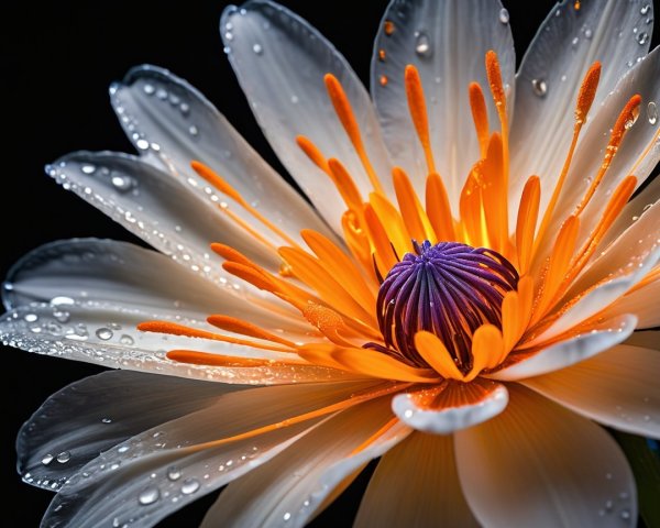 Close-up of a water lily with white petals and droplets