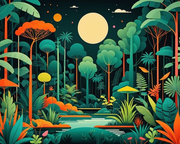 Vibrant Flat Illustration of a Night Jungle Scene