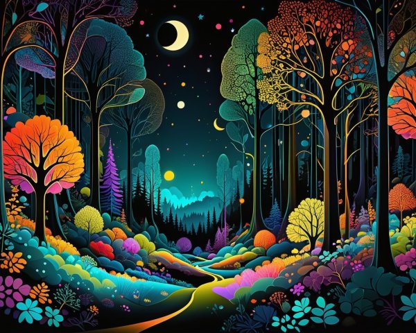 Enchanting Forest Scene Under Starry Night Sky