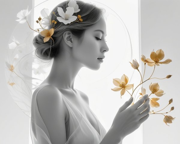 Serene Profile Portrait of a Woman with Flowers