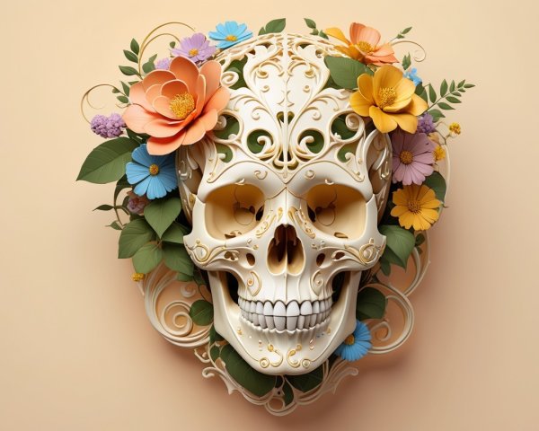 Ornate 3D Sugar Skull with Colorful Floral Details