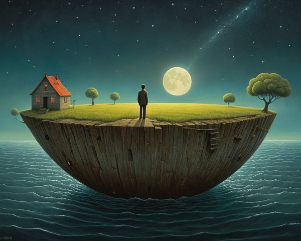 Surreal Scene of a Figure on a Floating Island
