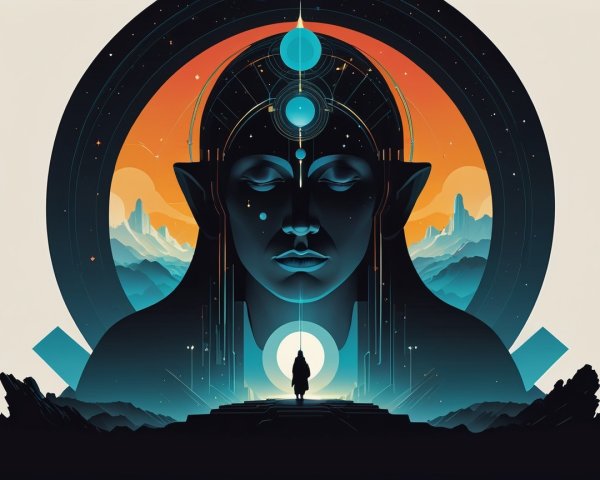 Serene Large-Faced Figure in Vibrant Mystical Landscape