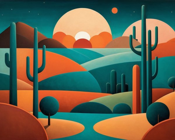 Vibrant Minimalist Desert Landscape at Sunrise or Sunset