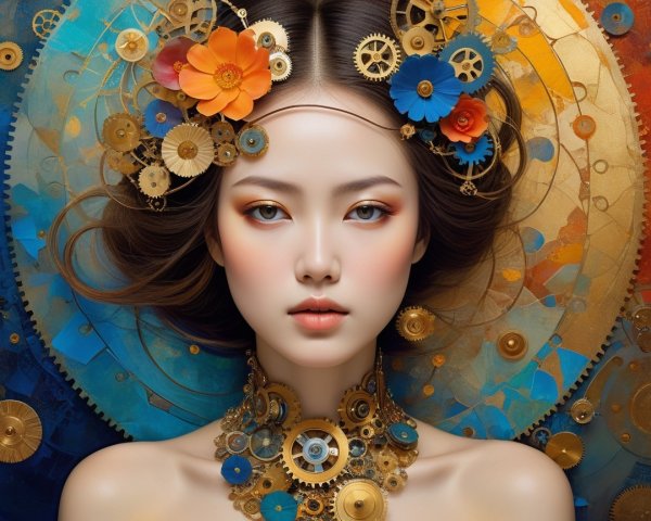 Steampunk Woman with Gear Accessories in Vibrant Setting