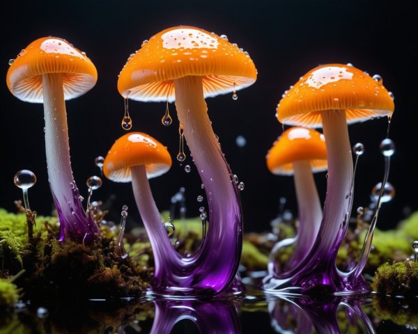 Vibrant Orange Mushrooms on Dark Background with Moss