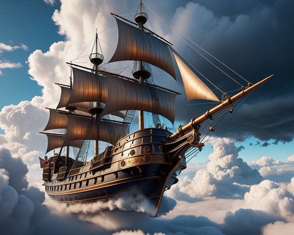Ornate ship sailing through fluffy clouds in sunlight