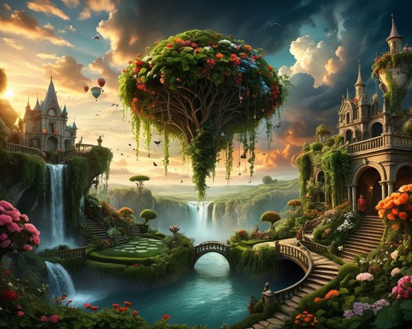 Fantasy Landscape with Floating Tree and Castle