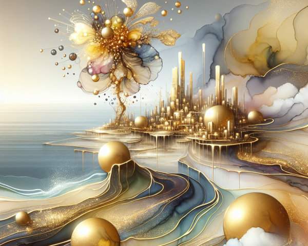 Surreal Landscape of Golden City and Vibrant Flowers