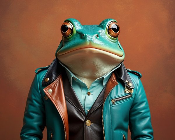 Anthropomorphic frog in stylish leather jacket