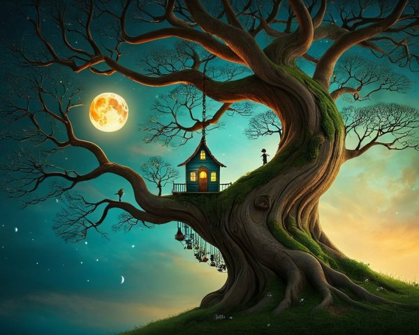 Whimsical Treehouse Scene Under Starry Sky