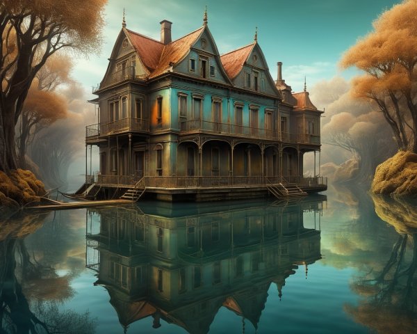 Detailed Painting of a Teal Manor by a Tranquil Lake