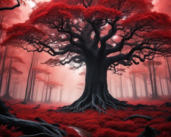 Mystical Forest with Gnarled Tree and Red Leaves