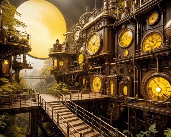 Steampunk Landscape with Intricate Buildings and Sun