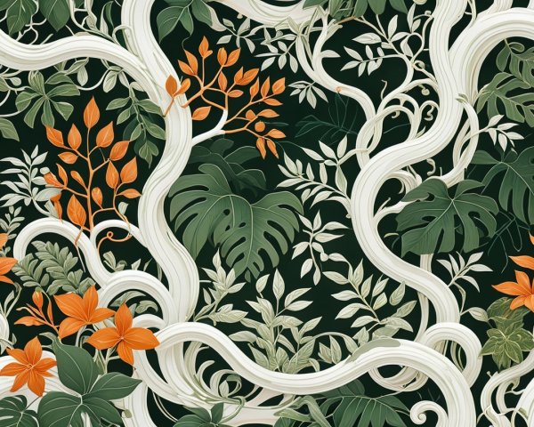 Botanical Illustration of Leaves and Flowers on Black