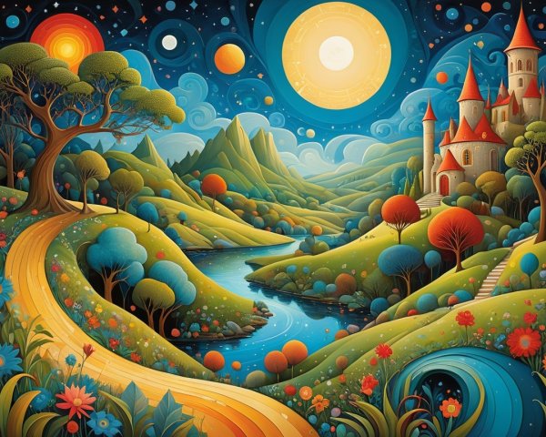 Whimsical Landscape with Castle and Serene River