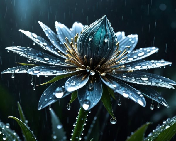 Intricate Blue and Silver Lotus Flower with Raindrops