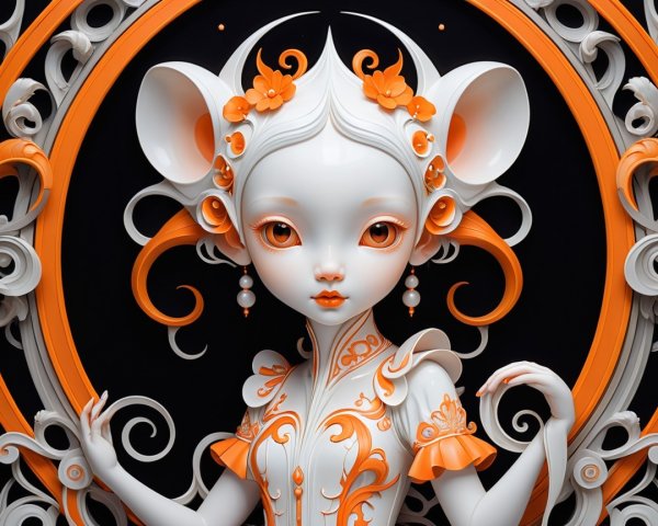 Whimsical Character with Floral Motifs and Swirling Backdrop