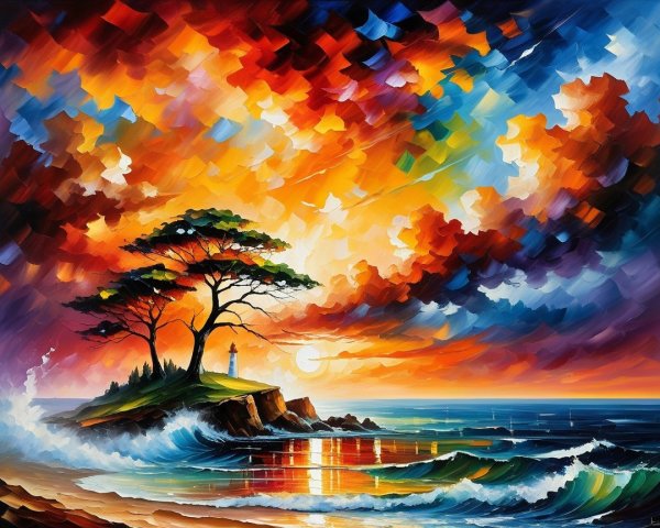 Vibrant Sunset Seascape with Island and Lighthouse