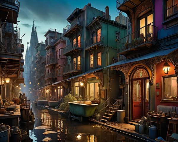Charming Dusk Street with Colorful Buildings and Canal