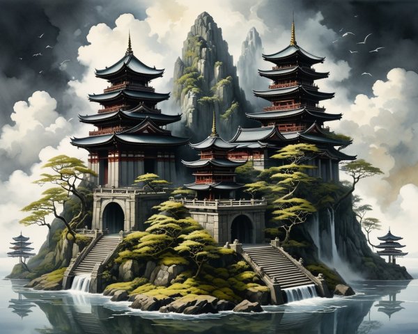 Majestic Pagoda on Rocky Island Surrounded by Nature