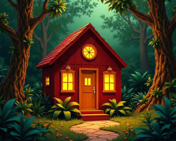 Red Cottage in a Lush Green Forest Setting