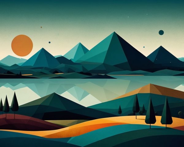 Abstract Geometric Landscape with Calm Lake Reflection