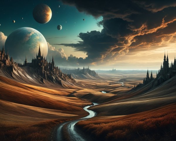 Alien Landscape with Mountains, Rivers, and Castles