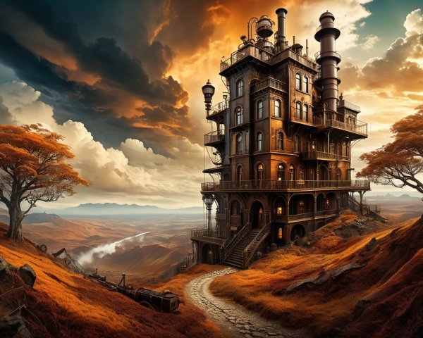 Multi-storied mansion on a hill with autumn trees