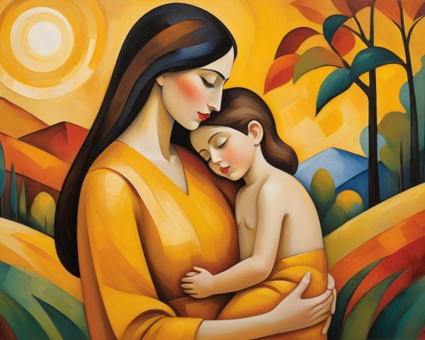 Mother and Child Embrace in Abstract Landscape