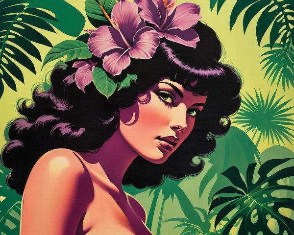 Retro-Futuristic Pin-Up Painting with Tropical Elements