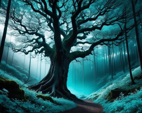 Majestic Gnarled Tree in Mystical Forest Setting