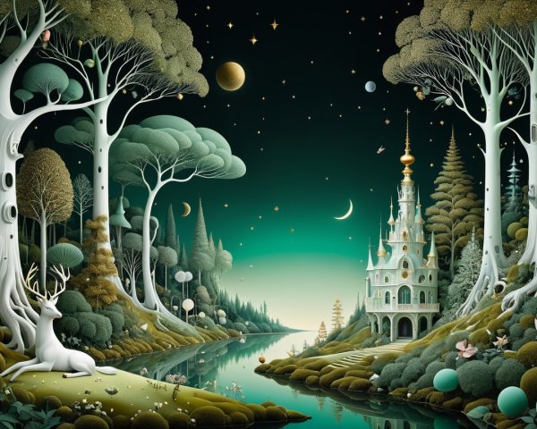 Whimsical Night Landscape with River and Castle