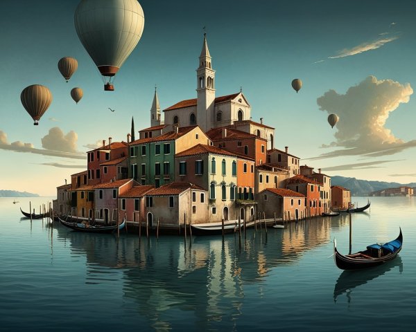 Picturesque Island Village with Colorful Buildings and Balloons