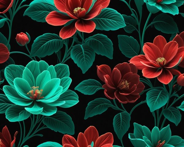 Vibrant Floral Pattern with Teal and Red Flowers