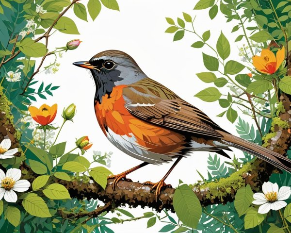 Illustration of a Bird on a Branch with Leaves and Flowers