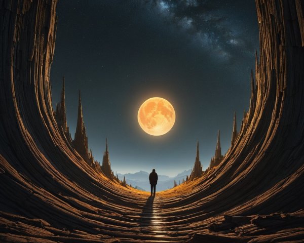 Lone Figure in Dramatic Cavernous Landscape at Night