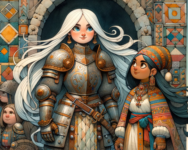 Armored Warrior and Young Girl in Fantasy Setting