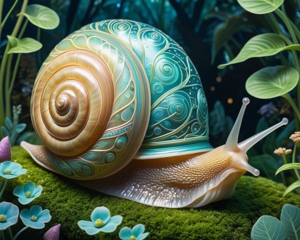 Snail on Green Moss with Blue Flowers in Forest Setting