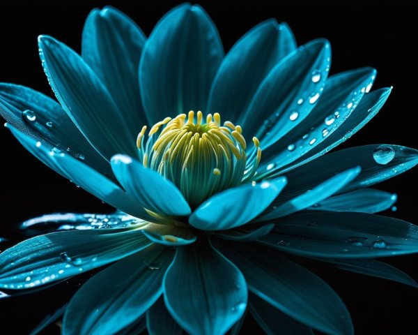 Vibrant Blue Water Lily with Raindrops on Black Background