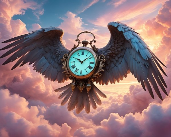 Steampunk Clock with Wings in Colorful Sky Scene