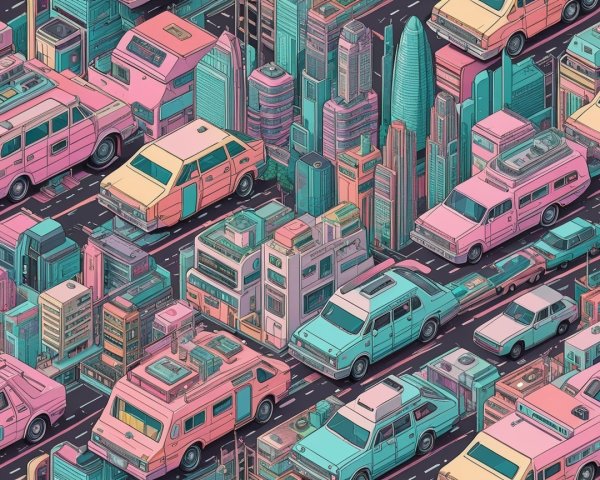 Vibrant Urban Scene with Colorful Cars and Buildings