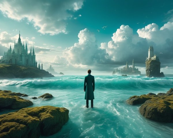 Lone Figure Overlooking Turquoise Sea and Castles